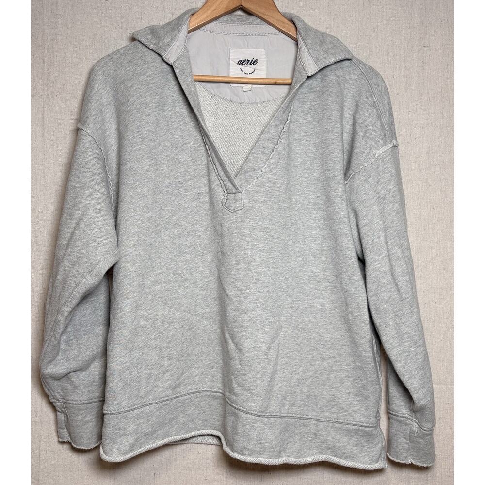Aerie Oversized Collared Pullover Sweatshirt Gray Cotton Blend Size XS